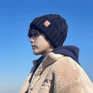 Memaru nuevo invierno cálido más gorro de lana engrosado de terciopelo gorro de punto para hombre gorro de jersey puntera de invierno para hombre tendencia negro - (más terciopelo) marca de hoja de arce a