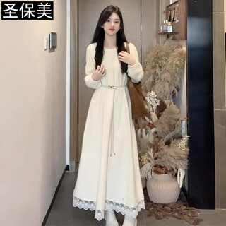 St. paul's white lace knitted dress women's autumn and winter 2025 new new year's wear high-quality temperament long skirt off-white l size