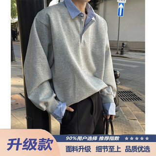 Pugos fake two-piece american retro shirt for men in spring and autumn loose henry collar splicing design striped inner t-shirt sweatshirt gray upgraded model xl suitable for 130-145 jin jin equals 0.5 kg one size