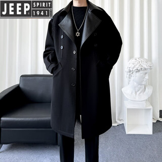 Jeep spirit windbreaker men's mid-length coat 2025 new spring and autumn high-end woolen coat trendy british handsome men's clothing black 2xl