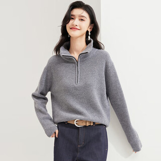 Jinju thickened 100% wool sweater with zipper half lapel casual autumn and winter new turtleneck women's sweater gray l