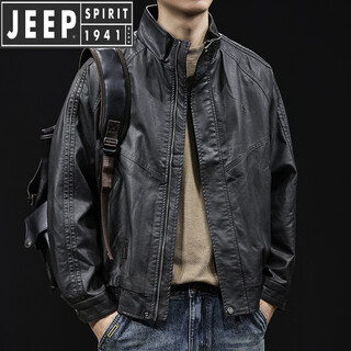 Jeep spirit high-end leather jacket men's autumn and winter 2025 new men's velvet thickening large size trendy brand clothes motorcycle black gray xl suitable for 140-160jin jin equals 0.5 kg