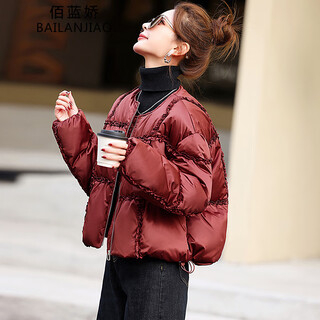 Bailanjiao angora red short down jacket women small winter 2025 new high-end fashion korean white duck down jacket red m (recommended 115jin jin equal to within 0.5kg)