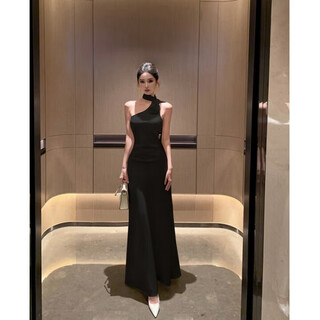 Yiou elegant socialite french satin ribbon evening dress long skirt for women high-end light luxury hip-hugging halterneck dress 6936 black s