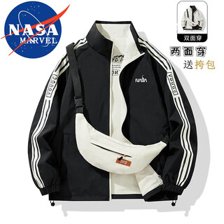 Nasa marvel jacket men's spring and autumn reversible trendy versatile couple stand collar jacket casual top black l