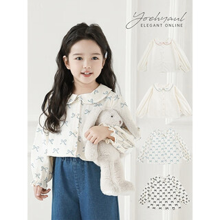 Young girls' bow embroidered printed doll collar shirt spring sweet and cute little puff sleeve casual top pink c3195 100 cm