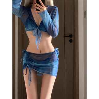 Omom2025 spring and summer fashion bikini sexy hot girl bikini apron style four-piece hot spring resort swimsuit for women blue m (101-115jin jin equals 0.5kg)