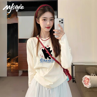 Mj style 200g pure cotton loose long-sleeved t-shirt for women 2025 spring and autumn casual fashion cute kitten versatile top