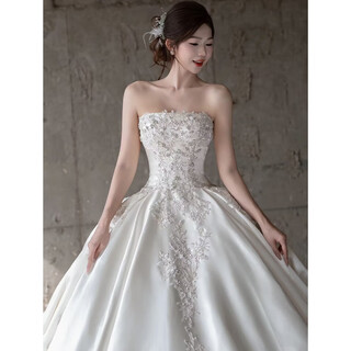 Wutuo white tube top dress satin main wedding dress bride 2025 new heavy industry style texture light luxury long tail door veil white floor-length style <come with skirt support> l suitable for 110jin jin equals 0.5 kg