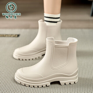 Woodpecker japanese women's rain boots short 2025 new fashion outer rain boots women's waterproof anti-slip women's rubber shoes water shoes beige (single shoe style) standard size 37