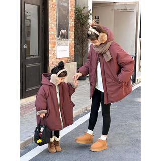 Jane deiune parent-child clothing in stock 2025 winter new velvet parkas for men and women, thickened hooded mid-length cotton jackets, retro red plus velvet, 155 m size, height-164cm