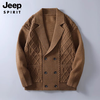 JEEP SPIRIT风美式针织开衫外套男士加厚双排扣翻领外穿羊毛衫上衣秋季装新款 咖色「英伦」 L [115斤-130斤]