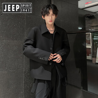 Jeep spirit jeep boys shoulder pad blazer autumn and winter old money style jacket short handsome casual suit black xl