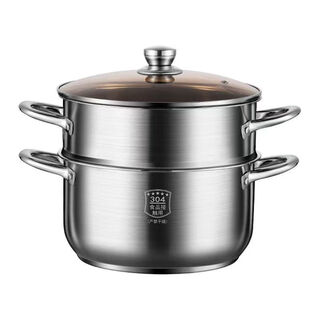 Stainless steel steamer 304 thickened household soup pot steamer double-layer non-stick pot induction cooker gas stove online supermarket 24cm double-layer steamer brown lid extra thick 24cm