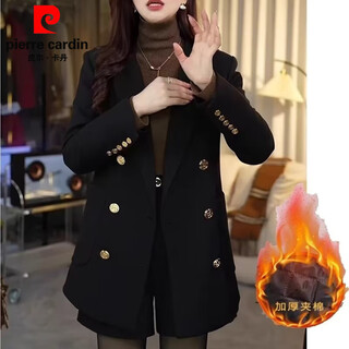 Pierre cardin black double-breasted thickened quilted blazer for women autumn and winter new style slim and versatile small suit black quilted l recommended (120-130) jin jin equals 0.5 kg