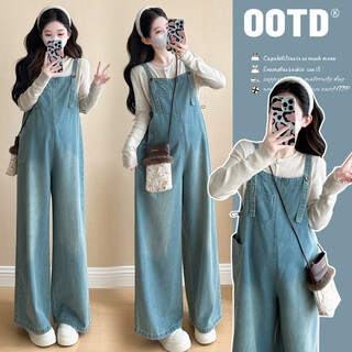 Ranqi mommy maternity clothing autumn suit 2025 new denim overalls autumn and winter fashionable and fashionable pregnant mother wear advanced apricot bottoming shirt + blue overalls (set) 2xl