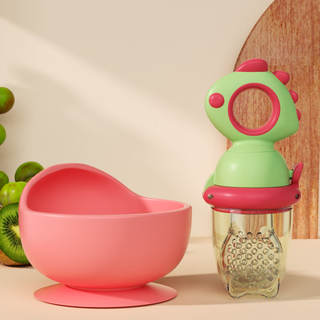 Lnga landgre baby food bite bag, fruit and vegetable happy eating tool, teething stick, rotatable pusher, pacifier feeding tool, dinosaur style, fresh green + silicone bowl, 2 pack