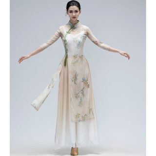 Nanbomaru classical dance ethnic cheongsam printed dance clothes chinese dance elegant performance clothes practice clothes women qiushi cheongsam top + gradient pants chest sticker suspenders s