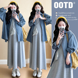 Mokpble maternity dress 2025 new autumn lazy style suit shirt maternity two-piece set vest long skirt spring and autumn style light gray cotton suspender skirt (single piece) l recommendation 100-125 jin jin equals 0.5 kg