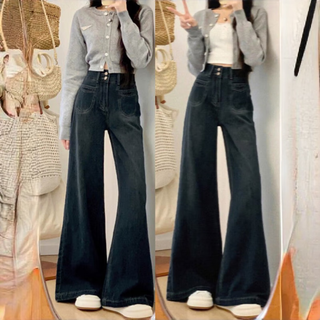Yiran presents american retro jeans for women in autumn and winter, new style plus velvet, high waist, loose, wide-legged, slightly flared long pants for women, dark blue m. recommended 95-110 jin jin is equal to 0.5 kg