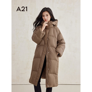 A21 women's long black down jacket 2024 winter new korean style design hooded over-the-knee duck down jacket light brown s