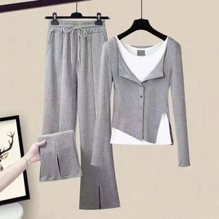 Yisi's new women's clothing suit spring and autumn gray fake two-piece tops bottoming shirt slit wide-leg casual pants three-piece set for women gray top + vest + gray pants three pieces m 80-95jin jin is equal to 0.5 kg