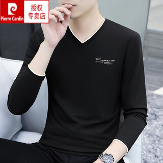 Pierre cardin spring and autumn long-sleeved t-shirt men's pure cotton v-neck casual versatile youth slim autumn outer wear sweetheart collar bottoming shirt black yp-c4033 m