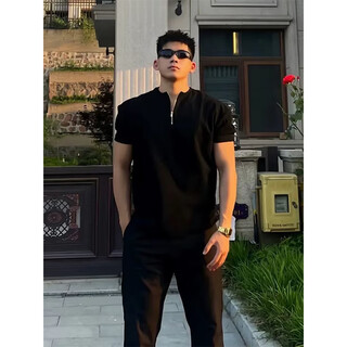 Digada henry collar polo shirt men's short-sleeved men's summer half-zip men's t-shirt men's loose short-sleeved retro t-shirt men's fashion qscz-t132 black xl