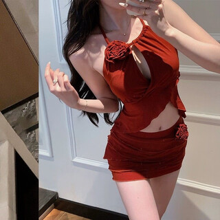 Yusi yi bikini swimsuit women's sexy 2025 internet celebrity new style beach hot spring outer wear sunscreen red rose melaleuca xl