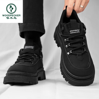 Woodpecker men's shoes 2025 new spring and autumn low-top casual sports outdoor running thick-soled wear-resistant and dirty-resistant heightened martin boots black warrior follow the store for priority delivery 41