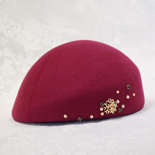 Ny-nym autumn and winter fashion woolen hat beret women's elegant hand-stitched pearl rhinestone painter hat stewardess hat burgundy m (56-58cm)