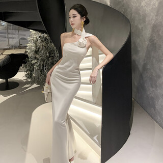 Yiou elegant socialite french satin ribbon evening dress long skirt for women high-end light luxury hip-hugging halterneck dress 6936 champagne s
