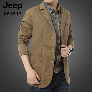Jeep spirit spring and autumn denim suit men's jacket large size casual workwear single suit jacket loose business cotton small suit khaki 2xl recommended 155-172jin jin equals 0.5 kg
