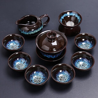Fat donglai's same style alluvial gold kung fu tea set set home light luxury tea cup 2024 new kiln-turned pottery alluvial gold cover bowl set 9 pieces