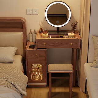 High-end small apartment dressing table simple bedroom modern simple solid wood bedside table dressing table integrated small dressing table small dressing table + mirror + stool - walnut color