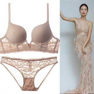 Victoria palace sexy bra, thin deep v beautiful back bra, push-up support to prevent sagging, big breasts and smaller lace bra set, skin color 70b/32