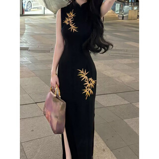 Tanhuangren new chinese embroidery stretch suit cheongsam honored as golden bamboo black cheongsam s