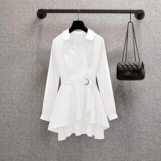 Clever addition to plus size women's v-neck fashionable waist slimming long-sleeved shirt spring and autumn fat girls cover the flesh versatile age-reducing shirt for women white long-sleeved l 100--115jin jin is equal to 0.5 kg