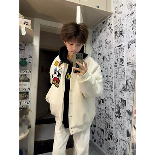 Katuchi american high street badge letter embroidered baseball uniform men's spring and autumn trendy brand loose high street bomber jacket white xl