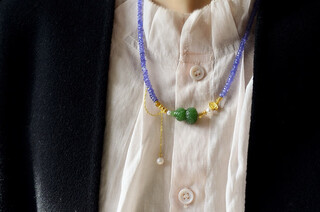 Nuri xia ziye original design natural ice-through tanzanite silver gilt necklace with hetian jade jasper gourd pendant
