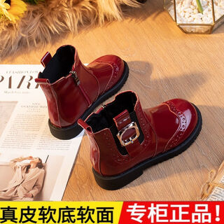 Girls' short boots genuine leather autumn and winter red fashionable children's velvet boots ancora red soft-soled girls' martin boots burgundy size 27 inner length 17.2
