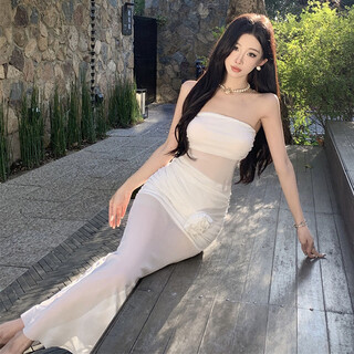 White dress for women, high-end summer seaside wear, beach skirt, holiday bag hip skirt, long skirt, pure desire, seaside flower tube top mesh dress s recommended 90jin jin is equal to 0.5 kg or less