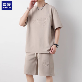 Romon Traje de camiseta de manga corta Summer de verano en verano de altura corta de manga corta Versátiles de dos piezas MLS-DK719 Khaki + MLS-TX008 Khaki XL