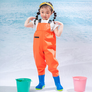 Children's water play one-piece waders kindergarten waterproof children's rain boots for catching fish for men and women children's orange overalls (with pockets) 32 yards/38 (shoe inner length 20cm)