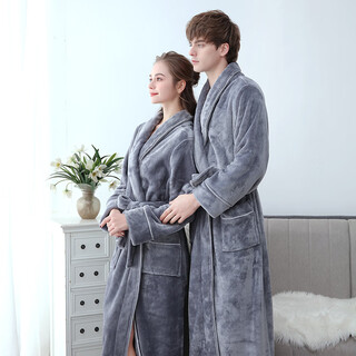 End of the year flannel nightgown men's plus velvet thickened women's bathrobe autumn and winter couple's pajamas coral velvet bathing robe to keep warm 2001 elegant gray male 3xl 175-190cm, 160-200jin jin equals 0.5 kg