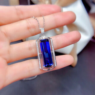 Fujiu sapphire necklace pendant 925 silver platinum plated rectangular plate ring gemstone clavicle chain women's tanzanite sapphire pendant 925 silver sapphire necklace pendant