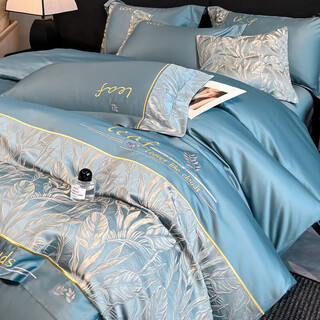 Mercury series high-end class a 200-count long-staple cotton four-piece set pure cotton simple floral embroidery quilt cover sheet bedding linen jinzhiyuye-bentley blue 1.8m bed sheet suitable for quilt core 200x230