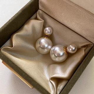 Dr-flvvs fat donglai quality large pearl earrings d family classic front and rear wear zhao lusi same style double beads shijia pearl earrings shijia milk white 925 silver needle 8/16mm