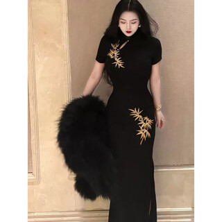 Jialong mingxiu short sleeve golden bamboo 2025 spring new chinese style black dress national style print improved elegant cheongsam new style black golden bamboo s