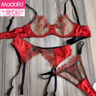 Modal sexy french lace large breast revealing small anti-sagging bra thong three-piece set zodiac year underwear women red three-piece set 80a l (suitable for 36bc)